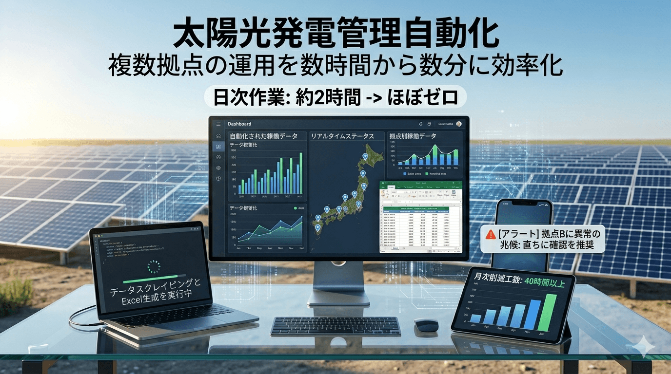 複数の太陽光発電サイト監視を自動化し、Excel集計と異常通知まで一元化